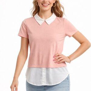 Elle Short Sleeve Top Swiss Dot Faux Layered Collared Peach Pink White Size XS